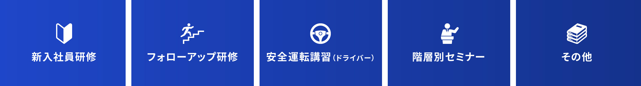 新人社員研修、フォローアップ研修、安全運転講習、階層別セミナー、その他
